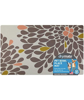 Drymate Pet Bowl Placemat, Dog & Cat Food Feeding Mat - Absorbent Fabric, Waterproof Backing, Slip-Resistant - Machine Washable/Durable (USA Made) (12 x 20) (Kahopo Grey & Pink)