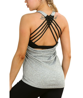 Icyzone Yoga Tops Workouts Clothes Activewear Built In Bra Tank Tops For Women (Xxl, Grey Melange)