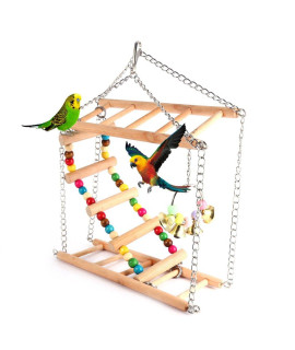 Ladder Bird Toy, Wooden Rainbow Bridge Steps Stairs Climbing Swing Double-Layer Toys for Pet Hamster Parakeet Budgie Cockatiel Trainning