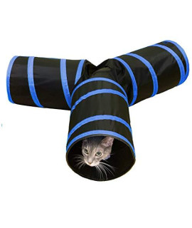 PURRFECT FELINE Longer Tunnel of Fun, Collapsible 3-Way Cat Tunnel Toy with Crinkle (Large, Dark Blue)