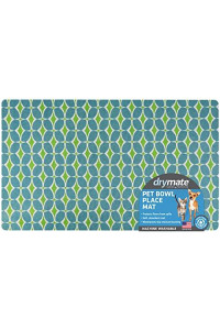 Drymate Pet Bowl Placemat, Dog & Cat Food Feeding Mat - Absorbent Fabric, Waterproof Backing, Slip-Resistant - Machine Washable/Durable (USA Made) (12 x 20) (Structure Blue & Green)
