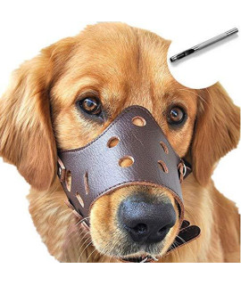 Dog Muzzle Leather, Comfort Secure Anti-Barking Muzzles For Dog, Breathable And Adjustable, Allows Dringking And Eating, Used With Collars (L, Brown)