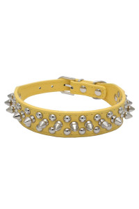 Dogs Kingdom 10-24 Length Soft Leather Mushrooms Rivet And Spikes Studded Adjustable Buckle Pet Puppy Dog Collar For Small Medium Large Dogs Breeds Yellow Xxs