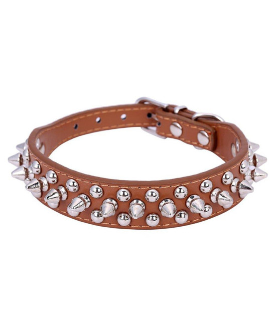 Dogs Kingdom 10-24 Length Soft Leather Mushrooms Rivet And Spikes Studded Adjustable Buckle Pet Puppy Dog Collar For Small Medium Large Dogs Breeds Brown L