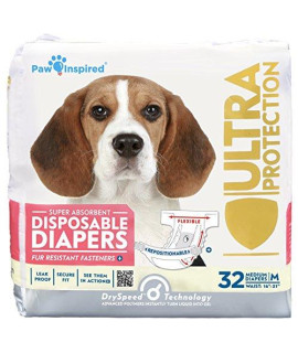 Paw Inspired 32ct Disposable Dog Diapers | Female Dog Diapers Ultra Protection | Diapers for Dogs in Heat, Excitable Urination, or Incontinence (Medium)