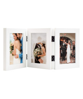 Golden State Art, 4X6 Three Picture Frame Trifold Hinged Photo Frame With 3 Openings, Desk Top Family Picture Collage, With Real Glass (4X6 Triple, White, 1-Pack)