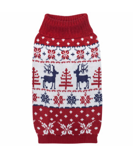 Blueberry Pet Ugly Christmas Reindeer Dog Sweater Turtleneck Holiday Family Matching Clothes For Dog, Tango Red & Navy Blue, Back Length 14, Warm Winter Outfit For Medium Dogs
