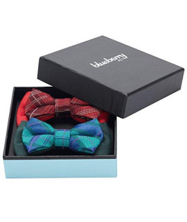 Blueberry Pet Gift Box With Pack Of 2 Handmade Dog Cat Bow Tie, Scottish Plaid Tartan Style Bowtie Set In Scarlet Red & Emerald Green, 4 2.5