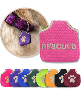 Woofhoof Dog Tag Silencer, Pink Rescued - Quiet Noisy Pet Tags - Fits Up to Four Pet IDs - Dog Tag cover Protects Metal Pet IDs from Tarnish, Made of Durable Nylon, Universal Fit, Machine Washable