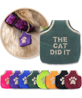 Woofhoof Dog Tag Silencer, green The cat Did It - Quiet Noisy Pet Tags - Fits Up to Four Pet IDs - Dog Tag cover Protects Metal Pet IDs, Made of Durable Nylon, Universal Fit, Machine Washable