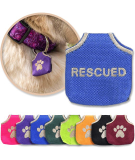 Woofhoof Dog Tag Silencer, Blue Rescued - Quiet Noisy Pet Tags - Fits Up to Four Pet IDs - Dog Tag cover Protects Metal Pet IDs from Tarnish, Made of Durable Nylon, Universal Fit, Machine Washable