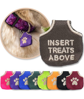 Woofhoof Dog Tag Silencer, Brown Insert Treats Above - Quiet Noisy Pet Tags - Fits Up to Four Pet IDs - Dog Tag cover Protects Metal Pet IDs, Made of Durable Nylon, Universal Fit, Machine Washable