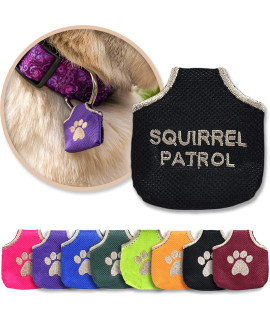 Woofhoof Dog Tag Silencer, Black Squirrel Patrol - Quiet Noisy Pet Tags - Fits Up To Four Pet IDs - Dog Tag cover Protects Metal Pet IDs, Made of Durable Nylon, Universal Fit, Machine Washable