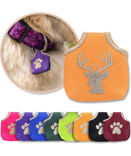 Woofhoof Dog Tag cover, Orange Deer Head - Quiet Noisy Pet Tags - Fits Up to Four Pet IDs - Dog Tag cover Protects Metal Pet IDs from Tarnish, Made of Durable Nylon, Universal Fit, Machine Washable