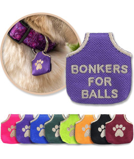 Woofhoof Dog Tag Silencer, Purple Bonkers for Balls - Quiet Noisy Pet Tags - Fits Up to Four Pet IDs - Dog Tag cover Protects Metal Pet IDs, Made of Durable Nylon, Universal Fit, Machine Washable