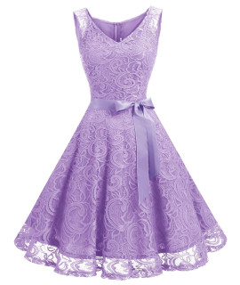Dressystar 0010 Women Floral Lace Bridesmaid Party Dress Short Prom Dress V Neck Lavender S