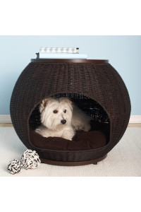 The Refined Canine Igloo Indoor Dog Bed & Cat Bed in Espresso, Multipurpose Pet Bed with Table Top, Claw-Proof Faux Rattan is Easy to Clean, Includes Washable & Replaceable Covered Cushion