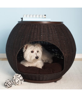 The Refined Canine Igloo Indoor Dog Bed & Cat Bed in Espresso, Multipurpose Pet Bed with Table Top, Claw-Proof Faux Rattan is Easy to Clean, Includes Washable & Replaceable Covered Cushion