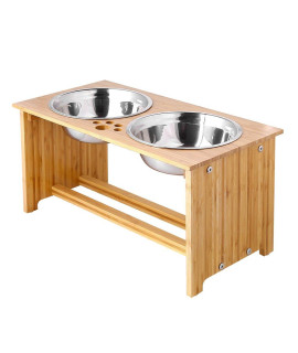 Foreyy Raised Pet Bowls For Cats And Small Dogs Bamboo Elevated Dog Cat Food And Water Bowls Stand Feeder With 2 Stainless Steel Bowls And Anti Slip Feet (10 Tall-50 Oz Bowl)