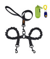 Dual Dog Leash, Double Dog Leash,360 Swivel No Tangle Double Dog Walking & Training Leash, Comfortable Shock Absorbing Reflective Bungee for Two Dogs with waste bag dispenser and dog training clicker