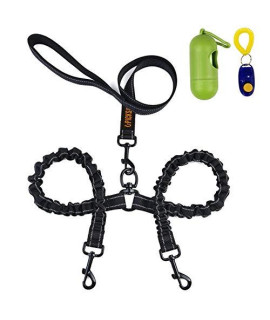 Dual Dog Leash, Double Dog Leash,360 Swivel No Tangle Double Dog Walking & Training Leash, Comfortable Shock Absorbing Reflective Bungee for Two Dogs with waste bag dispenser and dog training clicker