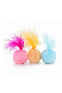 Petfavorites Furry Rattle Ball Cat Toy With Feather And Catnip - Interactive Pom Pom Balls For Cats, Soft And Lightweight, 2 Inch, 3 Pack.