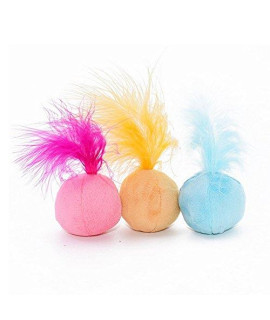 Petfavorites Furry Rattle Ball Cat Toy With Feather And Catnip - Interactive Pom Pom Balls For Cats, Soft And Lightweight, 2 Inch, 3 Pack.