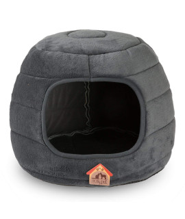 Hollypet 16A16A12.5 Inches Coral Velvet Self-Warming 2 In 1 Foldable Cave Shape High Elastic Foam Pet Cat Bed For Cats And Small Dogs Dark Gray