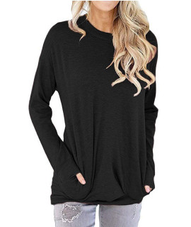 Unidear Women Casual Long Sleeve Round Neck Loose Blouses Tops With Pocket Black Medium