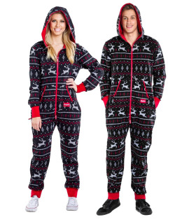 Tipsy Elves Black and Red Fair Isle Reindeer cozy Ugly christmas Sweater Jumpsuit for Men Size XX-Large