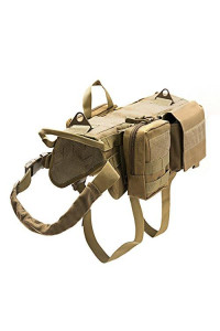 Vevins Dog Tactical Service Harness Training Molle Vest Adjustable Camouflage Harness with 3 Detachable Pouches, Brown Size M