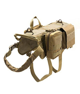 Vevins Dog Tactical Service Harness Training Molle Vest Adjustable Camouflage Harness with 3 Detachable Pouches, Brown Size M