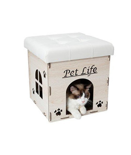 PET LIFE Kitty Kallapse collapsible Folding Kitty cat House Tree Bed Ottoman Bench Furniture Wood with Leather cushion One Size White Wood