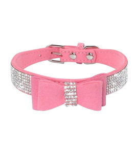 Beirui Rhinestone Bling Leather Dog Cat Collar - Flocking Sparkly Crystal Diamonds Studded - Cute Double Bowknot For Pet Show Daily Walking,Pink,Medium Neck Fit 125-15