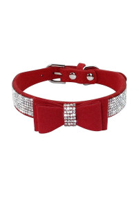 Beirui Rhinestone Bling Leather Dog Cat Collar - Flocking Sparkly Crystal Diamonds Studded - Cute Double Bowknot For Pet Show Daily Walking,Red,Xs Neck Fit 8-10