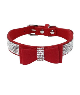 Beirui Rhinestone Bling Leather Dog Cat Collar - Flocking Sparkly Crystal Diamonds Studded - Cute Double Bowknot For Pet Show Daily Walking,Red,Xs Neck Fit 8-10