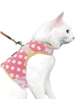 Yizhi Miaow Kitty Harness and Leash for Walking Escape Proof, Adjustable Kitty Walking Jackets, Padded Stylish Kitty Vest Polka Dot Pink, Small