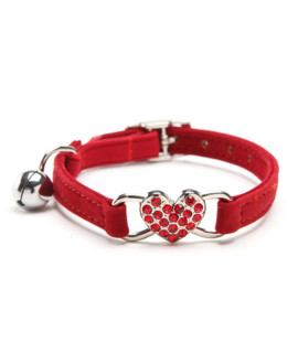 CHUKCHI Pink Soft Velvet Safe Cat Adjustable Collar with Crystal Heart Charm and Bells 8-11 Inches (Red)