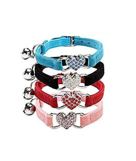 CHUKCHI Pink Soft Velvet Safe Cat Adjustable Collar with Crystal Heart Charm and Bells 8-11 Inches(Black+Red+Pink+Blue)