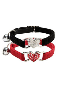 Chukchi Pink Soft Velvet Safe Cat Adjustable Collar With Crystal Heart Charm And Bells 8-11 Inches(Blackred)