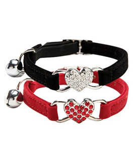 Chukchi Pink Soft Velvet Safe Cat Adjustable Collar With Crystal Heart Charm And Bells 8-11 Inches(Blackred)