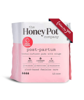 The Honey Pot company clean cotton Postpartum Pads (12 count), Herbal-Infused, Postpartum and Maternity Pads with Wings, Plant-Derived Feminine Menstrual care