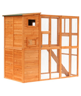PawHut Large Wooden Outdoor cat House with Large Run for Play catio for Lounging and condo Area for Sleeping Natural