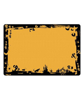 Lunarable Halloween Pet Mat For Food And Water, Black Framework Borders With Halloween Cats Bats Skulls Ghosts Spiders, Non-Slip Rubber Mat For Dogs And Cats, 18 X 12 Yellow Black