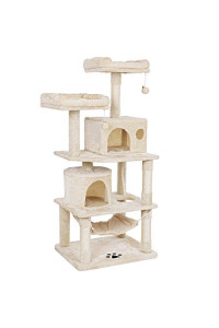 Bewishome Cat Tree With Sisal Scratching Posts, 2 Condos, Plush Perches, Jingly Balls And Hammock, Cat Condo Tower Furniture Kitty Kitten Activity Center Pet Play House Beige Mmj01M