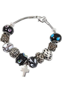 Memorial Gallery Classic Black & White Remembrance Bead Pet Cross Urn Charm Bracelet, 9"