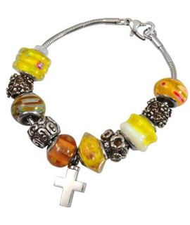 Memorial Gallery Sunrise Yellow Remembrance Bead Pet Cross Urn Charm Bracelet, 7"