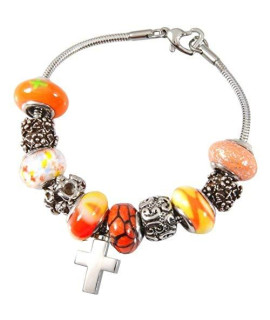 Memorial Gallery Sunset Orange Remembrance Bead Pet Cross Urn Charm Bracelet, 8"