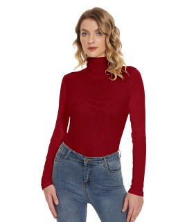 Anbenser Womens Turtleneck Top Long Sleeve Slim Fit Shirts Mesh Sheer See Through Casual Blouse (Winered,Small)