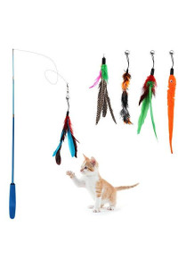 Depets Cat Feather Wand, Retractable Cat Wand Toy, 5Pcs Assorted Feather Refills With Bell, Interactive Cat Toy Wand For Indoor Cat And Kitten Funny Exercise